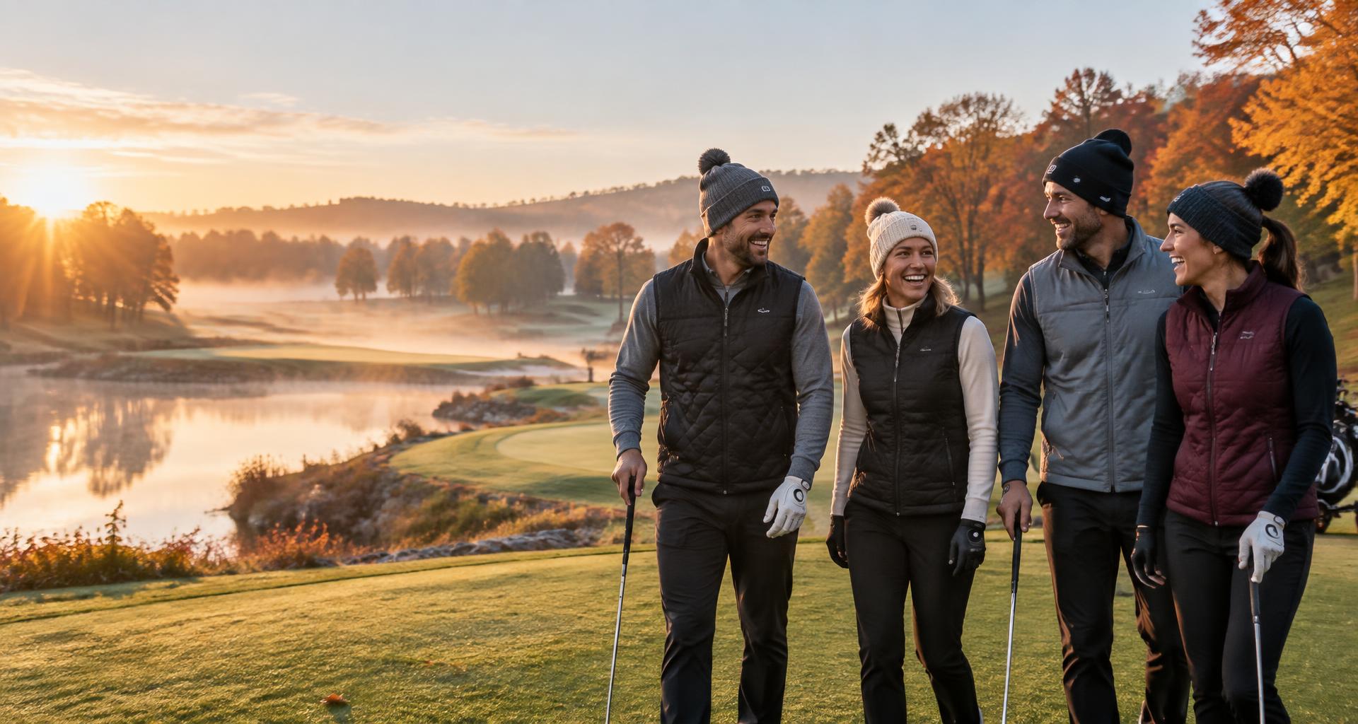 Vier Golferinnen und Golfer bei der SPL Winterrunde auf grünem Herbst-Fairway